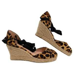J. Crew Brown Black Leopard Print Fur Espadrille Wedges | Size 8